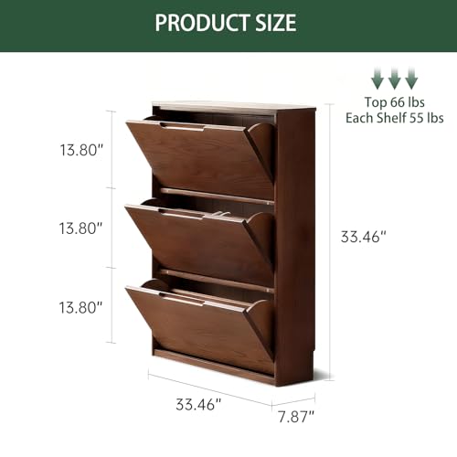 Fully-Assembled Oak Shoe Cabinet with 3 Flip Drawers, Solid Wood Shoe Storage Cabinet, Narrow Shoe Organizer for Entryway, 7.9" x 33.5" x 45.7", Oak Wood, Natural (Walnut) - color: Walnut