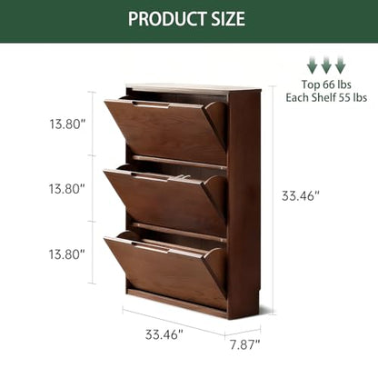 Fully-Assembled Oak Shoe Cabinet with 3 Flip Drawers, Solid Wood Shoe Storage Cabinet, Narrow Shoe Organizer for Entryway, 7.9" x 33.5" x 45.7", Oak Wood, Natural (Walnut) - color: Walnut