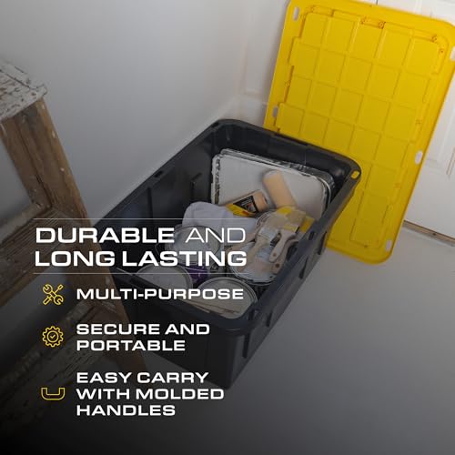 CX Heavy Duty 27-Gallon Stackable Plastic Storage Bins with Lids, 4 Pack | Storage totes for garage organization, Stackable containers, weather-resistant, snap lid, 14.3H x 20.6W x 30.6D, Black/Yellow - size: 27 Gallon
