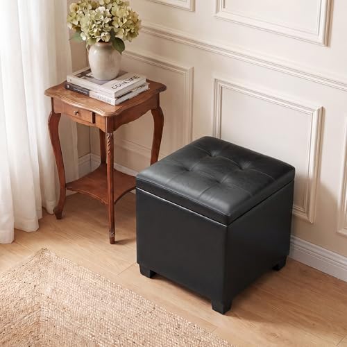 15 inch Square Storage Ottoman with Tray Lid,Modern Tufted Faux Leather Cube Coffee Table with Storage,Upholstered Ottoman with Removable Top for Living Room, Bedroom - color: Faux Leather -Black With Tray