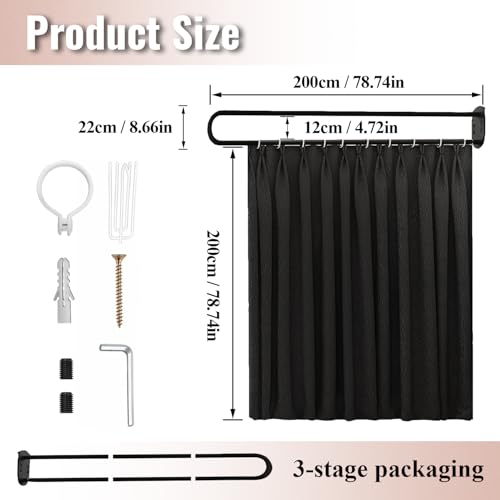 U-Shape Room Divide with Metal Support Rod, 6.56ft,Black | Curtain for Beauty Salon,Wall Mounted Privacy Partition Curtains for Fitting Room, SPA, Bedroom, Room Divider,Hospital - color: Black