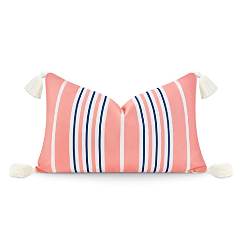 Hofdeco Premium Coastal Patio Indoor Outdoor Lumbar Pillow Cover Only, 12"x20" Water Resistant for Backyard, Couch, Coral Pink Navy Blue Stripe Tassel - color: Coral Pink Striped 12"x20"