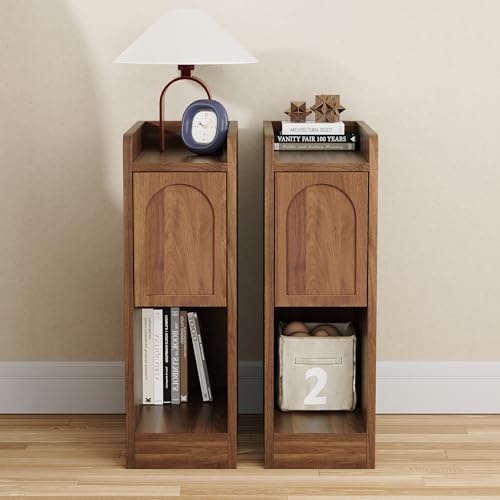 Narrow Nightstands Set of 2, Slim Bedside Tables with Raised Edge Top, Arched Drawer & Open Shelf, Modern Wooden Small End Tables for Bedroom Small Spaces (2, Walnut) - color: Walnut-arched Drawer, size: 2-Pack