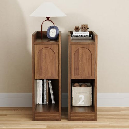 Narrow Nightstands Set of 2, Slim Bedside Tables with Raised Edge Top, Arched Drawer & Open Shelf, Modern Wooden Small End Tables for Bedroom Small Spaces (2, Walnut) - color: Walnut-arched Drawer, size: 2-Pack