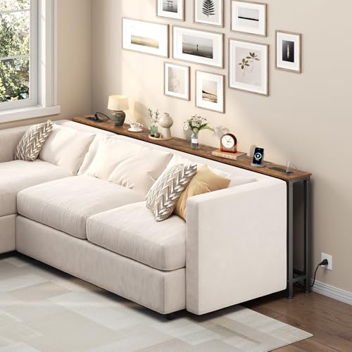 HOOBRO 39.4 Inch Narrow Console Table with Power Outlets, 5.9 Inch Sofa Table with Storage, Skinny Behind Couch Table, for Entryway Hallway, Small Spaces, Rustic Brown and Black BF52UXG01G1