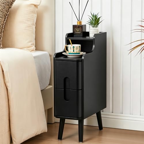 Black Narrow Nightstand, Wood 2 Drawer Small Nightstand, Slim Side Table, Modern Skinny End Bedside Table, Wood Night Stand with Drawers for Bedroom (Black-1 pc) - color: Black-1 Pc
