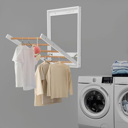 Wall Mounted Clothes Drying Rack, Folding Laundry Drying Rack with 5 Wooden Rods, 11LBS Capacity Retractable Clothes Airer for Bathroom Laundry Room Balcony