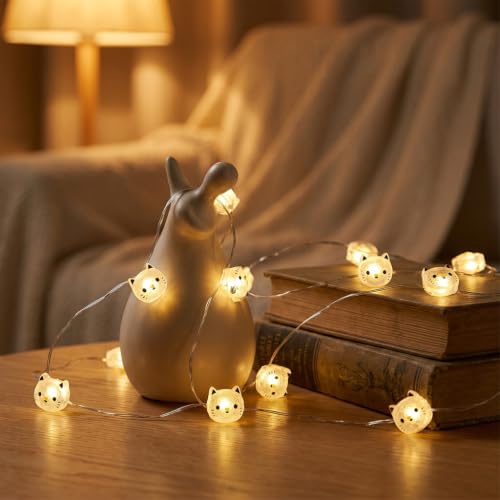 Cat String Lights,20 Led Fairy Light Indoor,Battery Powered Cute String Lights,Decorative String Light Indoor,Warm White,2M,Transparent Wire,for Kids Room,Bedroom,Dorm, Party Decor