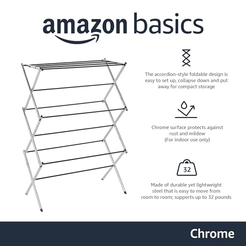 Amazon Basics Foldable Portable Metal Clothes Drying Rack for Indoor Air Drying, Energy Saving, 14.5 x 29.5 x 41.8 inches, Chrome Silver - color: Chrome