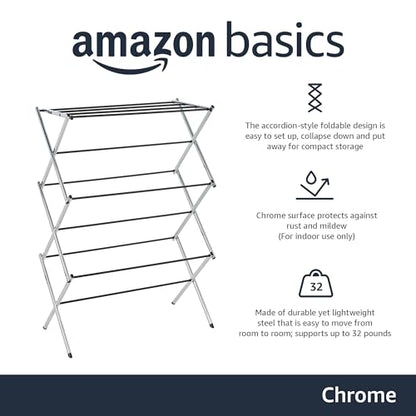 Amazon Basics Foldable Portable Metal Clothes Drying Rack for Indoor Air Drying, Energy Saving, 14.5 x 29.5 x 41.8 inches, Chrome Silver - color: Chrome