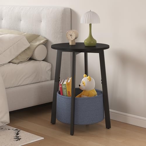 sthmec Small Round Side End Table with Cloth Storage Basket, Round Bedside Sofa Couch Coffee Tables for Small Places with Metal Frame, Modern Nighstands for Living Room Bedroom, Black - color: Black