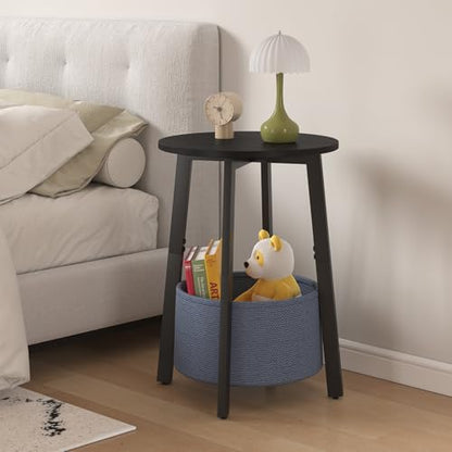 sthmec Small Round Side End Table with Cloth Storage Basket, Round Bedside Sofa Couch Coffee Tables for Small Places with Metal Frame, Modern Nighstands for Living Room Bedroom, Black - color: Black