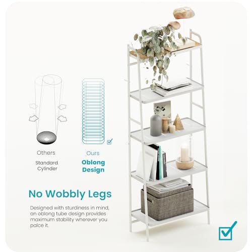 Home Zone Living Tall White Bookshelf with 5-Tier Open Display Shelves | Wide Steel Frame Design with Bamboo Accent Top Shelf - color: 5-tier Wide