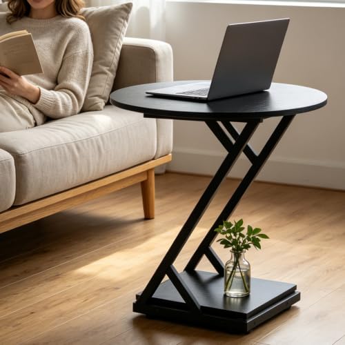 20In Small Round Side Table, 2-Tier Black End Table with Z-Shaped Metal Frame, Wood Grain Round Accent Table with Storage Shelf, Modern Sofa Side Coffee Table for Living Room Bedroom - color: 20in-black