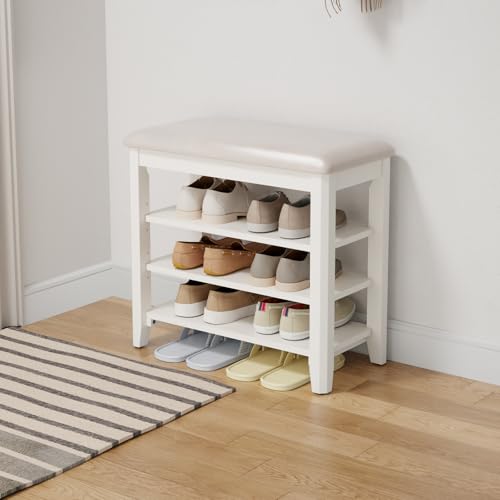 AQIMUELE Shoe Bench with Leather Cushion, 3 Tiers Shoe Storage Bench Height Adjustable, Walnut Wood Entryway Bench for Hallway, Mudroom - color: White, size: 23.62"