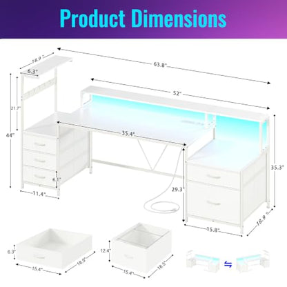 63" Computer Desk with Drawers, Storage Shelves and Printer Stand | White Gaming Desk with Monitor Stand and LED Lights, Reversible Home Office Desk with Printer Shelf - color: White