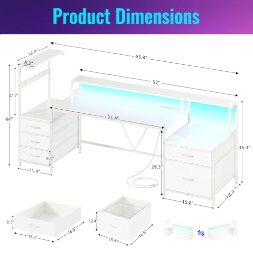 63" Computer Desk with Drawers, Storage Shelves and Printer Stand | White Gaming Desk with Monitor Stand and LED Lights, Reversible Home Office Desk with Printer Shelf - color: White