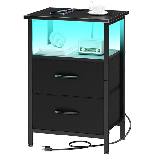 NightStand with Charger Station, LED Night Stand with 2 Fabric Drawers & Storage Shelf, Small Nightstands Bedside Table with USB Ports & Outlets, 24.2" Tall Bed Side Tables for Bedroom, Black - color: Black, size: 1 Piece, style: With LEDs