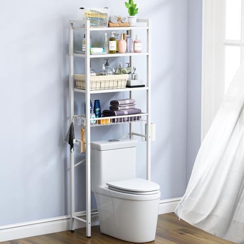 Kalrin Over-The-Toilet Storage Rack, 4-Tier Bathroom Organizer Shelf Over Toilet with Adjustable Shelf and Basket, Freestanding Space Saver Bathroom Shelves Above Toilet for Room (Pure White) - color: Pure White