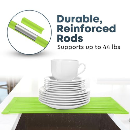 Zulay Kitchen Large Roll Up Dish Drying Rack - Heavy Duty Silicone Wrapped Steel Rods Over Sink Dish Drying Rack - Versatile Roll Up Sink Drying Rack & Trivet - Green,20.5 inches x 13 inches - color: Mint Green