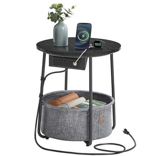 VASAGLE LILEA Collection - Side Table with Charging Station, Round End Table with Fabric Basket, Nightstand with USB Ports, for Living Room, Bedroom, Modern, Ebony Black and Slate Gray ULET228B01 - color: Ebony Black + Slate Gray