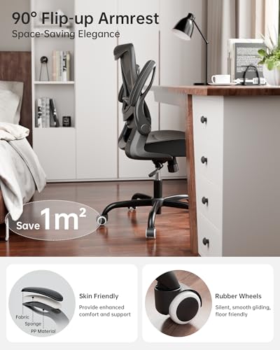 Office Chair, PU Leather Ergonomic Desk Chair with Adjustable Lumbar Support and Flip up Armrest, Breathable Mesh Computer Chair for Home Office, Black - color: Nori Black (Pu Leather Seat)