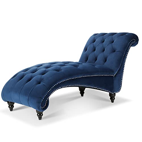 Button Tufted Chaise Lounge Velvet Upholstered Mid Century Modern Accent Sofa Chaise Armless Elegant Recliner Lounge Chair Solid Wood Legs (Navy Blue) - color: Navy Blue