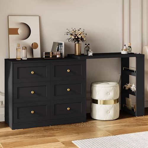 RoyalCraft Vanity Desk and Dresser Combo, 67" Extendable Big Makeup Vainty with 6 Drawer Dresser and 3 Side Shelves, Wood Corner Vanity for Bedroom, Dressing Table for Women Girlfriend, Black