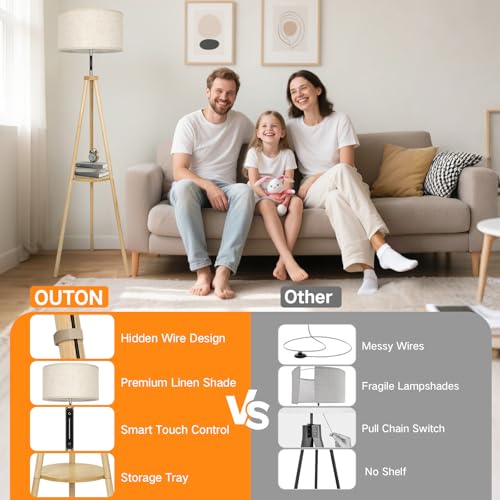 OUTON Wood Tripod Floor Lamp with Shelves, Mid Century LED Modern Dimmable Floor Lamp with Remote Control, Sturdy Tall Standing Lamp with Beige Lamp Shade for Living Room, Bedroom, Office - color: Wood & Touch Control