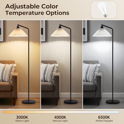 Floor Lamps for Living Room & Bedroom, 63" Modern Tall Standing Lamp, 3CCT | Rustic Pole Lamps for Home Office, Classroom, Bedside, Pleated Lampshade, Foot Switch, Easy Assembly (Bulb Included) - color: Black