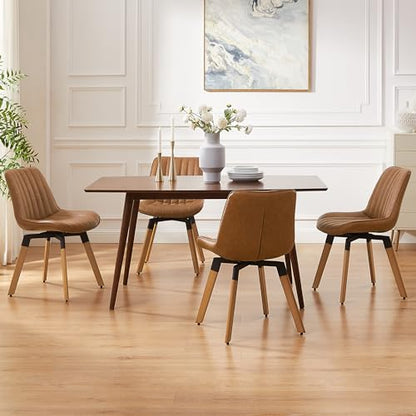 Mid Century Upholstered Swivel PU Dining Chairs Set of 4 Red Brown | 360° swivel curved foam-padded seat armless design dining room chairs accent chairs solid wood legs floor protection pads - color: Red Brown, size: Set of 4-PU