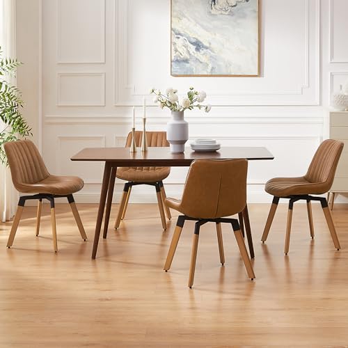 Mid Century Upholstered Swivel PU Dining Chairs Set of 4 Red Brown | 360° swivel curved foam-padded seat armless design dining room chairs accent chairs solid wood legs floor protection pads - color: Red Brown, size: Set of 4-PU