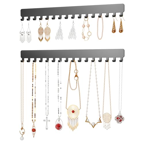 Extended Self-Adhesive Necklace Holder, Wall Mounted Jewelry Organizer for Necklaces, Earrings, Rings & Bracelets, No Drilling, Space-Saving, 2 Pack, Black - color: Black, size: 13.19 inch