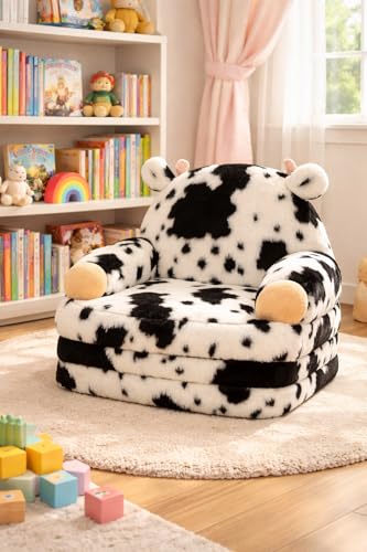 QIUODO Comfy Toddler Couch Chair, 2-in-1 Foldable Kids Sofa | Fold Out Toddler Couch with Faux Rabbit Fur, Soft Kids Sofa for Reading, Bedroom or Playroom Use, Ages 1-3（Cow）