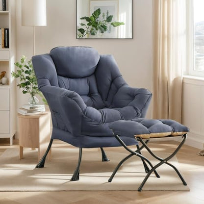 Lazy Chair with Ottoman, Soft Comfy Chair for Bedroom, Navy | Reading Accent Lounge Chair with folding Foot Stool for Living Room Dorm Apartment, sturdy metal frame - color: Navy