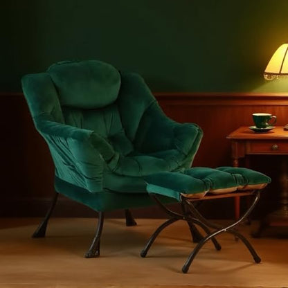 Lazy Chair with Ottoman, Comfy Reading Accent Chair, Velvet Green | Foldable Footrest, Padded Seat and Backrest, Side Pocket for Lounging in Living Rooms, Bedrooms, Dorms and Small Spaces - color: Green