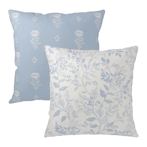 Light Blue Floral Throw Pillow Covers 18x18 Inch Set of 2 Blue and Cream Botanical Vintage Flower Cushion Covers Rustic Farmhouse Neutral Accent Pillowcases for Home Couch Decor - color: Daily Floral Light Blue, size: 18" x 18" (Pack of 2)