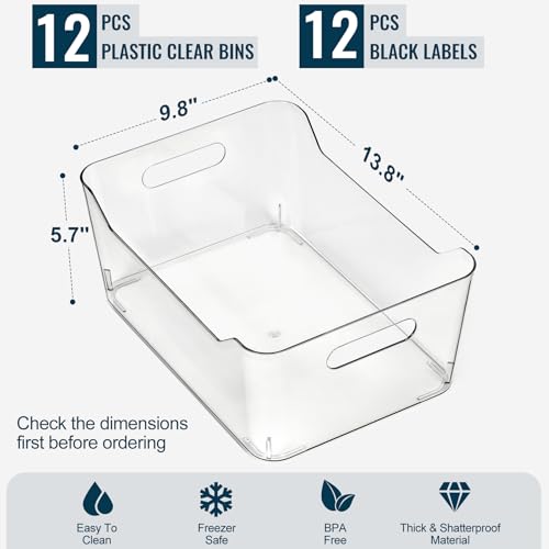 12 PACK Multi-Use Clear Plastic Storage Bins for Organizing w/ Labels - Home, Kitchen, Pantry, Bathroom, Office, Cabinet Shelf Organizer Bins - SOHO Collection, RV, Fridge Organization Containers -XXL - size: XXL Large
