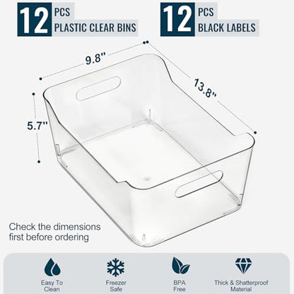 12 PACK Multi-Use Clear Plastic Storage Bins for Organizing w/ Labels - Home, Kitchen, Pantry, Bathroom, Office, Cabinet Shelf Organizer Bins - SOHO Collection, RV, Fridge Organization Containers -XXL - size: XXL Large