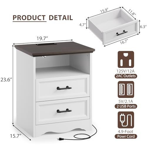 White Nightstand with Charging Station, Farmhouse End Table with 2 Drawers Storage, Wooden Night Stand, Bedside Table with Open Shelf, Bedside Cabinet for Bedroom, Living Room - color: White, size: 15.7"D x 19.7"W x 23.6"H (2 Drawers)