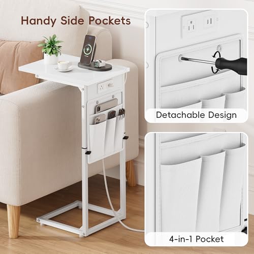 C Shaped End Table with Charging Station, Adjustable Height Side Table for Couch, Small Sofa Table for Small Spaces, Slide Under Sofa Table TV Tray Arm Tables for Living Room, Bedroom, White - color: White, style: With Plug