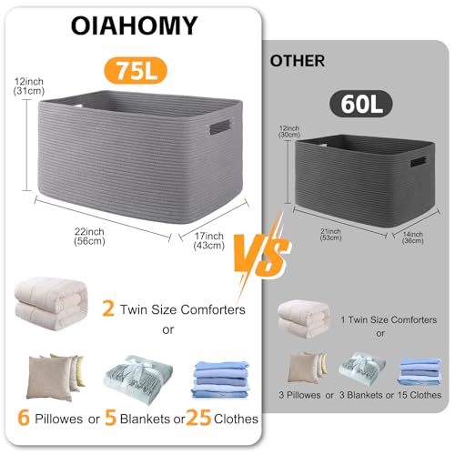 OIAHOMY 75L Large Blanket Basket, Woven Blanket Storage Basket with Handle, Cotton Rope Basket for Organizing 22”x17”x12”, Blanket Basket living Room, Toy Basket for Nursery, Grey - color: Grey, size: 22”x17”x12”