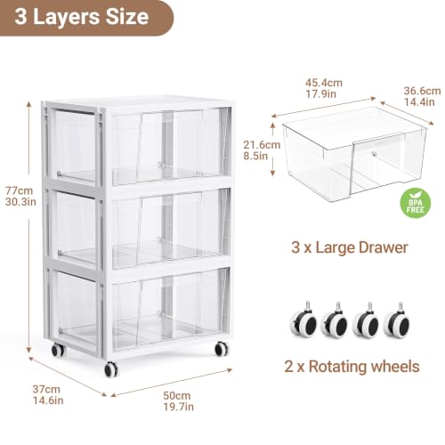Stackable Storage Drawer Carts, Extra Large Bins 3 Tier 3 Drawers | Smooth Pull-Out Drawers, Clear Plastic Storage Organizer Container For Home Office Bedroom Bathroom Art Crafts Under Desk - size: 3 Tier 3 Drawer