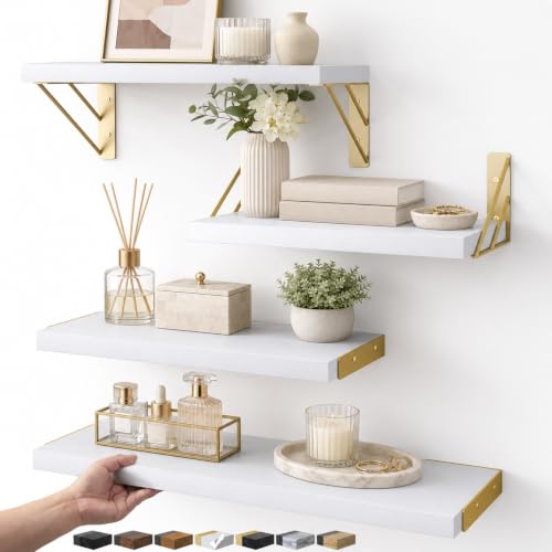 BAYKA Wall Shelves for Bedroom Decor, Floating Wall Shelf for Living Room Kitchen Storage, Mounted Rustic Wood Shelves for Kids Books, Christmas Decorations for Room(White and Gold，Set of 4) - color: B. White Board & Gold Brackets, size: 16-inch