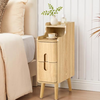 FurSch Narrow Nightstand, Wooden 2 Drawer, Natural, Set of 2 | Slim Side End Table, Skinny Bedside Table, Mid Century Modern, With Drawers for Bedroom - color: Natural 3-2 Pcs