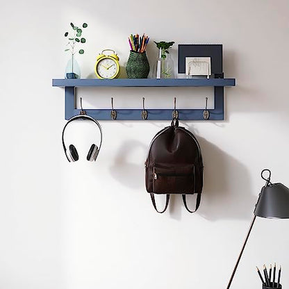 SMIBUY Coat Hooks with Shelf Wall-Mounted, 29.2 Inch Entryway Coat Rack for Wall, Bamboo Hanging Shelf with 5 Double Metal Hooks for Bathroom, Bedroom, Kitchen, Living Room, Mudroom (Grey) - color: Gray
