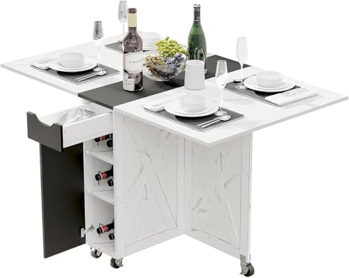 Folding Dining Table for 2-6, Easy Assembly, Stone Pattern+Black | 52.7" Folding Dining Table with 6 Wheels, Drop Leaf Table with Drawers, Shelves and Wine Rack for Small Spaces - color: Black
