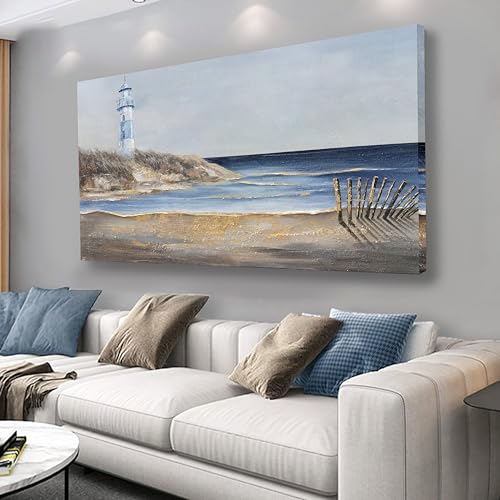 Yuaxker Ocean Wall Art Blue and Gold Modern Wall Decor Ocean Beach and Beacon Landscape Canvas Painting Artwork for Living Room Bedroom Bathroom Office 24x48 inch - color: ocean blue and gold, size: 24"x48"
