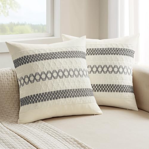 MIULEE Set of 2 Gray Boho Decorative Pillow Covers 18x18 Inch | Farmhouse Couch Throw Pillows, Modern Spring Cotton Cushion Covers, Macrame Woven Home Decor for Bed Sofa Chair - color: Gray, size: 18" x 18" (Pack of 2)