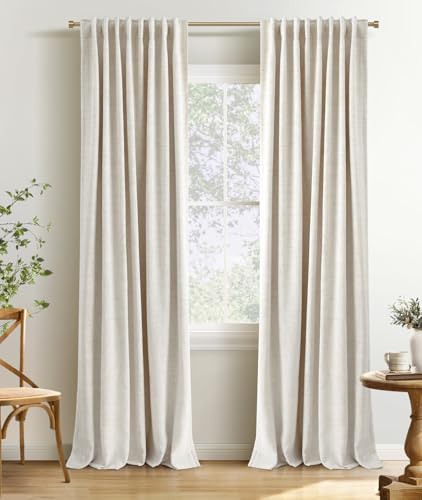 INOVADAY 100% Blackout Curtains 108 Inches Length 2 Panels Set, Back Tab/Rod Pocket Linen Black Out Curtains for Bedroom, Thermal Insulated Window Drapes - Cream, W50 X L108 | Linen Textured, Light Blocking, Room Darkening, Thermal Insulated, Back Tab Top